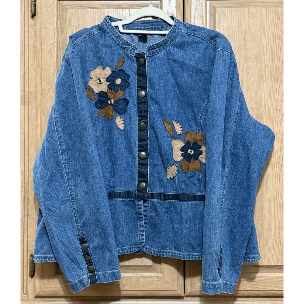 Vintage Y2K SML Sport Bohemian Denim Jacket Suede Flowers and Velvet Trim Sz XXL